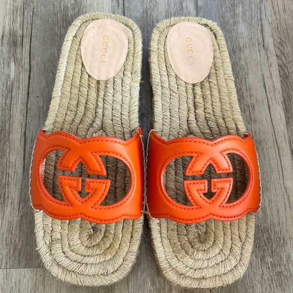 Gucci Interlocking GG Cutout Espadrille Sandals Leather Orange Cosmos Sz 38.5
